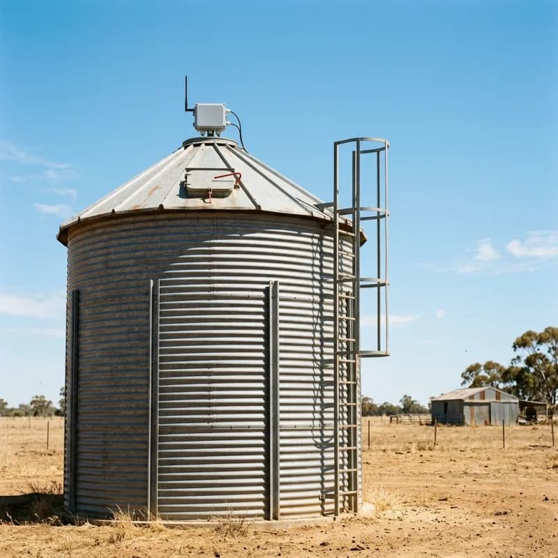 A galvanised feed silo on a farm with a level-monitoring sensor unit mounted at its top