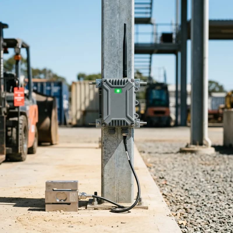 A compact IoT sensor gateway with an antenna, mounted on a galvanised post beside an industrial load cell