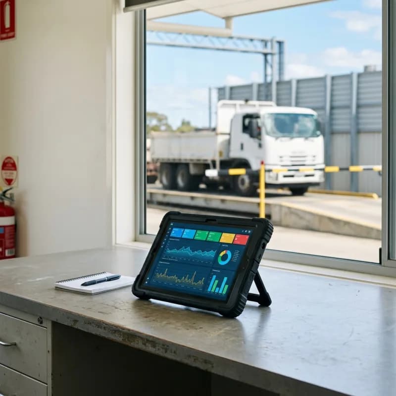 A rugged tablet showing a weighbridge performance dashboard, propped on a site-office desk with the deck beyond the window