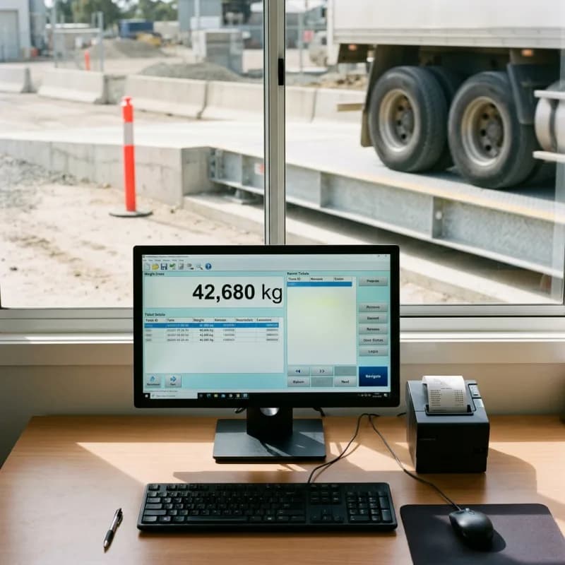 A weighbridge operator's monitor showing a transaction screen, the weighbridge deck visible through the site-office window