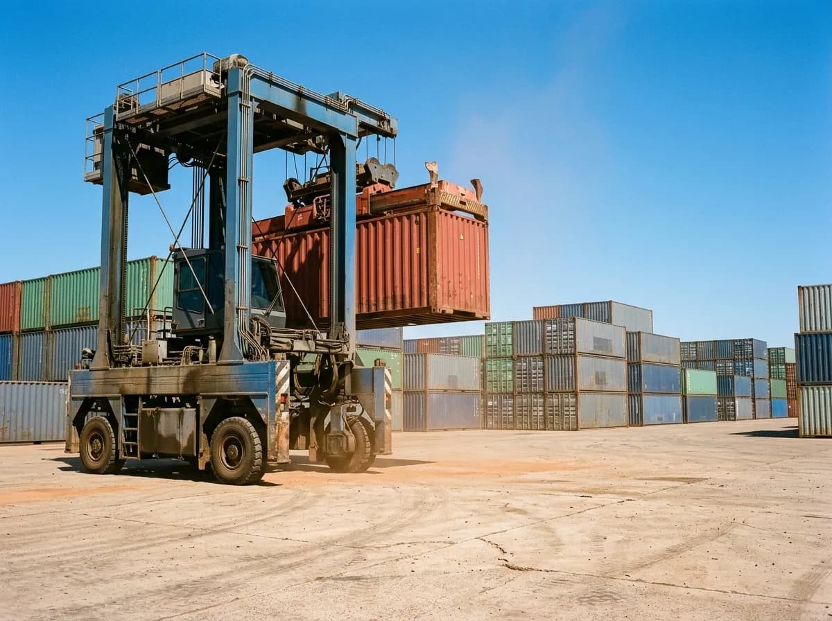 A straddle carrier lifting a shipping container above the hardstand at a port terminal