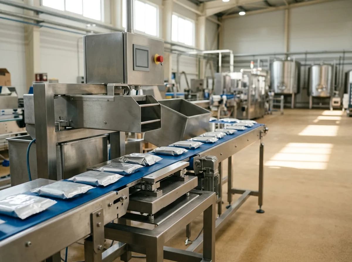 An inline stainless checkweigher weighing sealed packs on a production line conveyor