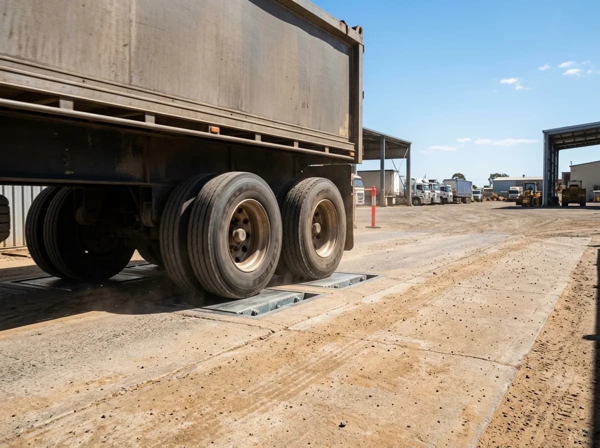 Axle weigh pads set into a lane with a trailer rolling over them