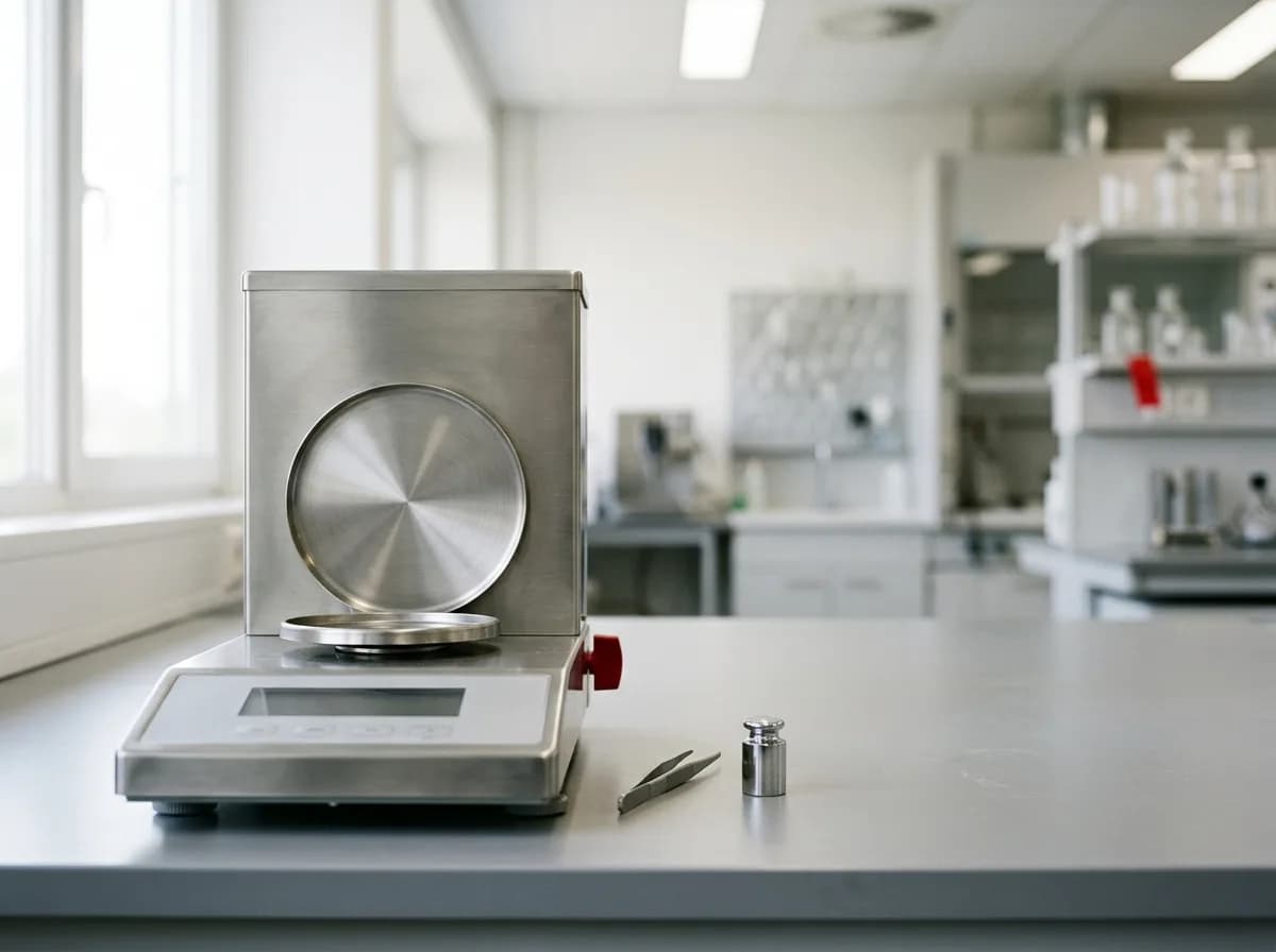 A precision balance with its draft shield open on a laboratory bench, a calibration weight and tweezers beside it