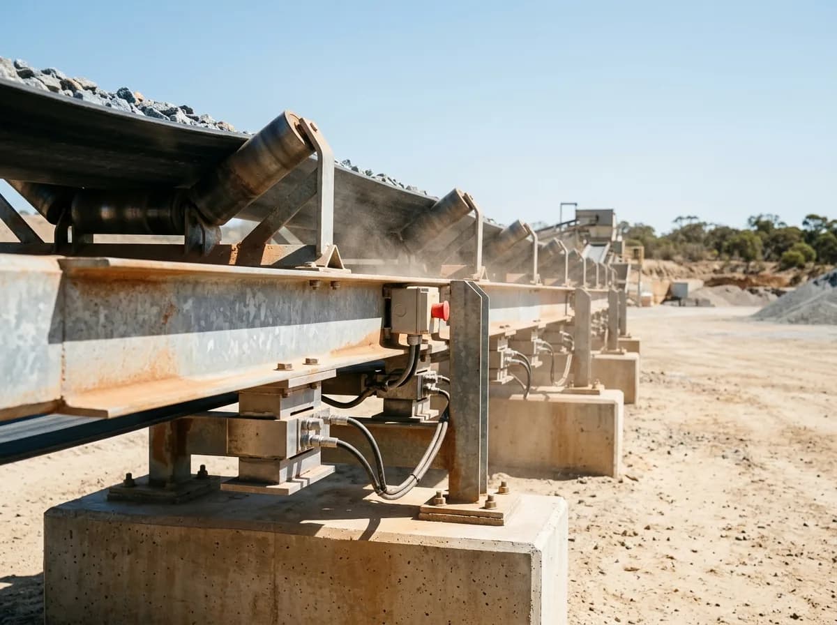 A belt-weigher frame fitted under a mine conveyor carrying aggregate