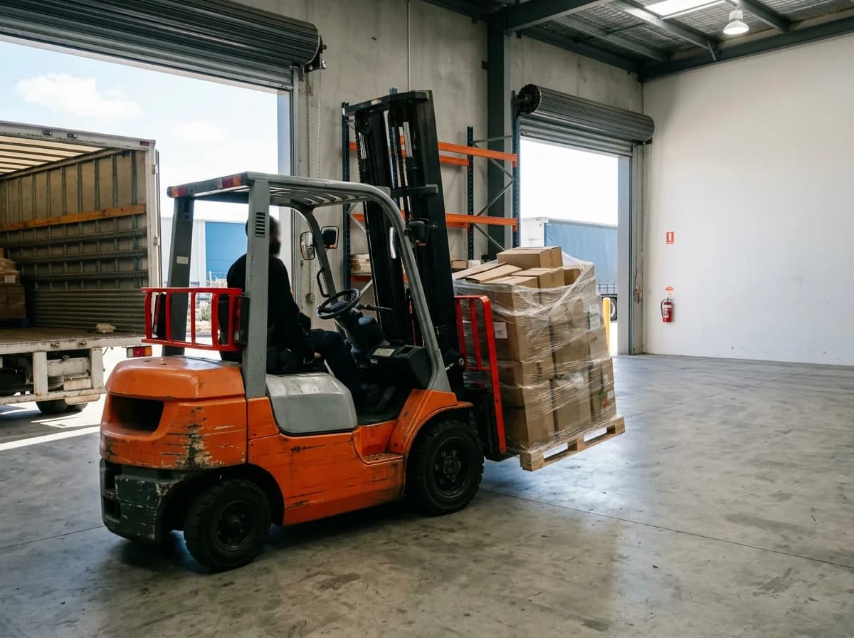 A counterbalance forklift lifting a shrink-wrapped pallet from a truck tray at a warehouse loading dock