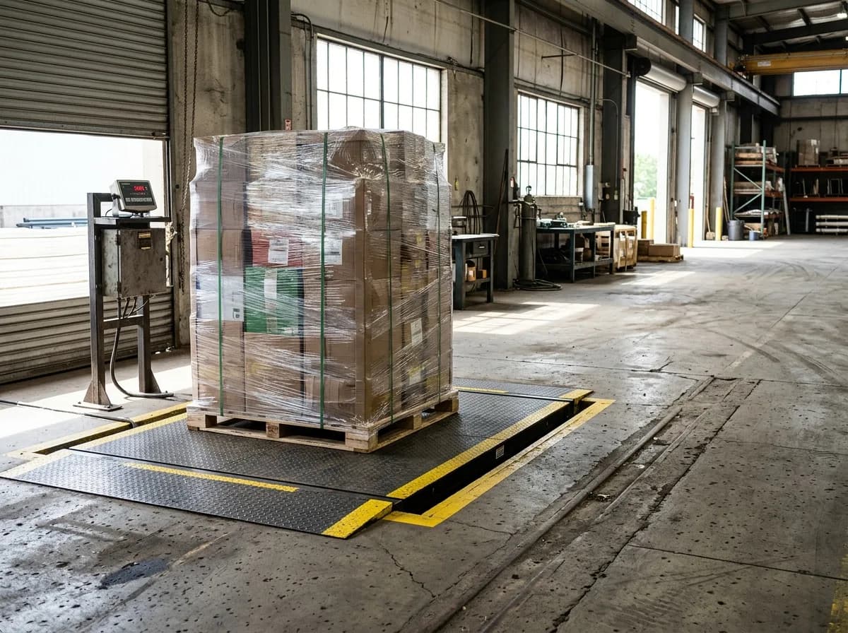 A drive-on pallet scale set flush into a factory floor carrying a wrapped pallet, safety lines marking the deck edge