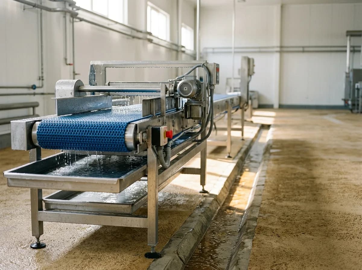A stainless inspection conveyor after washdown, water beading on the frame and belt