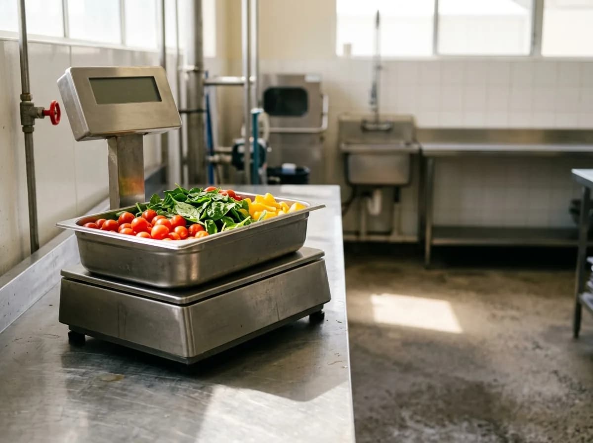 A stainless bench scale weighing fresh produce in a food-processing preparation room