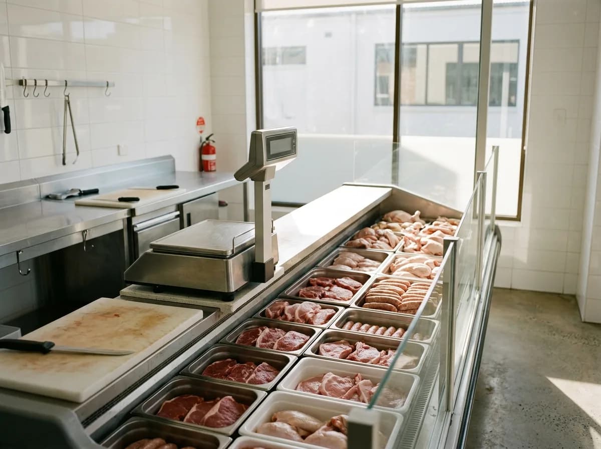A butcher's counter with a stainless price-computing scale, chilled display trays and a clean work bench behind