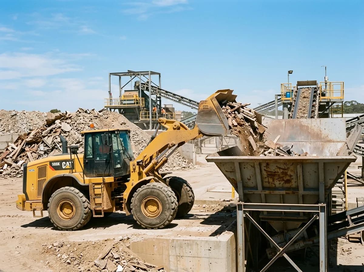 A wheel loader feeding sorted material into a picking line hopper at a resource recovery facility