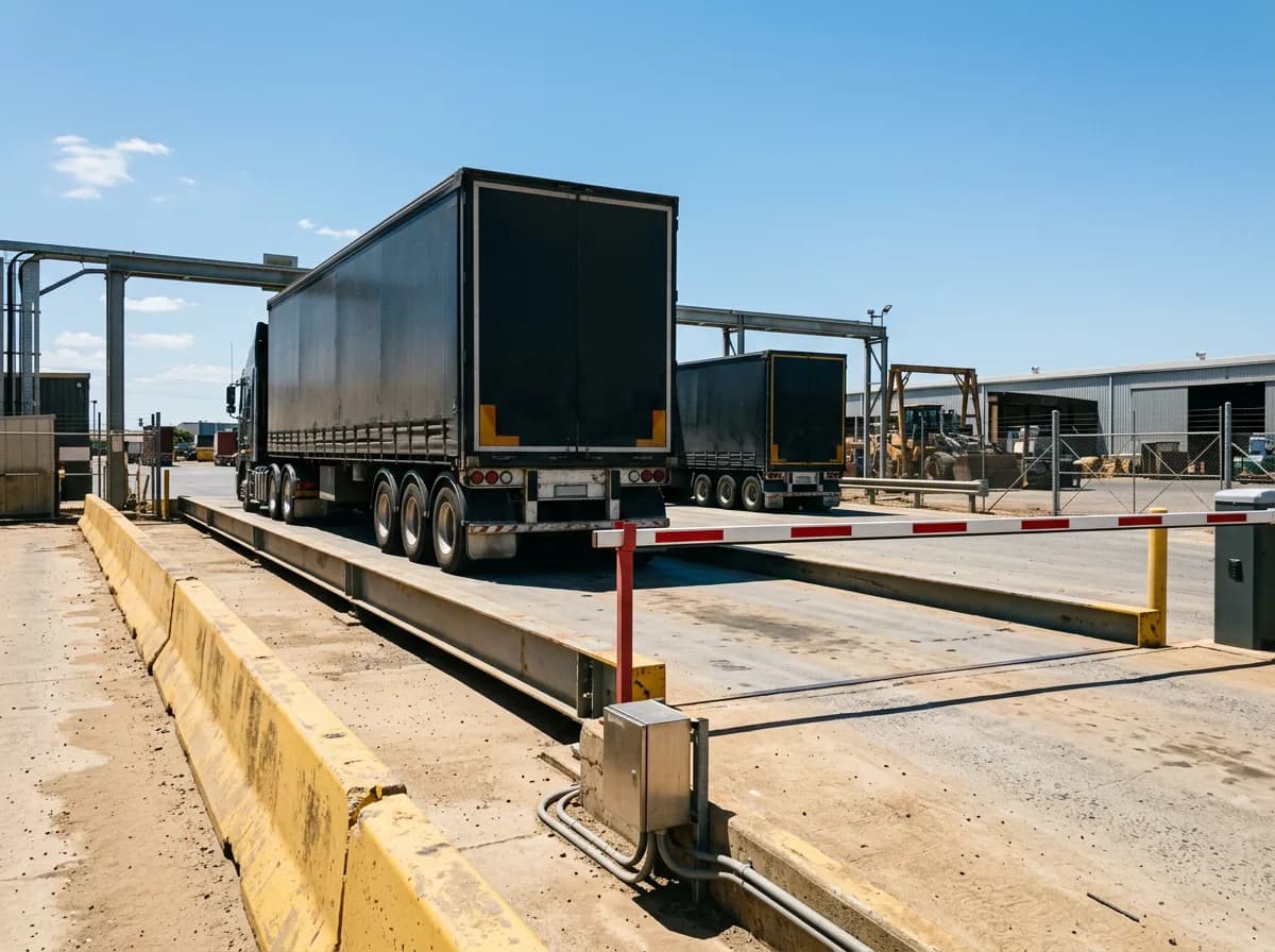 A weighbridge lane at a freight depot with semi-trailers queued behind the boom gate