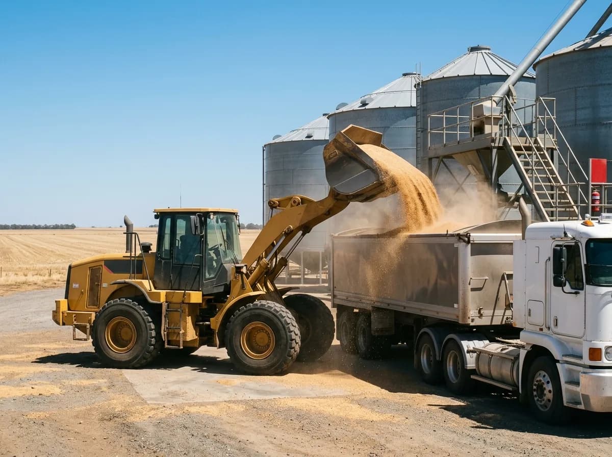A wheel loader loading grain into a road truck at a grain receival site