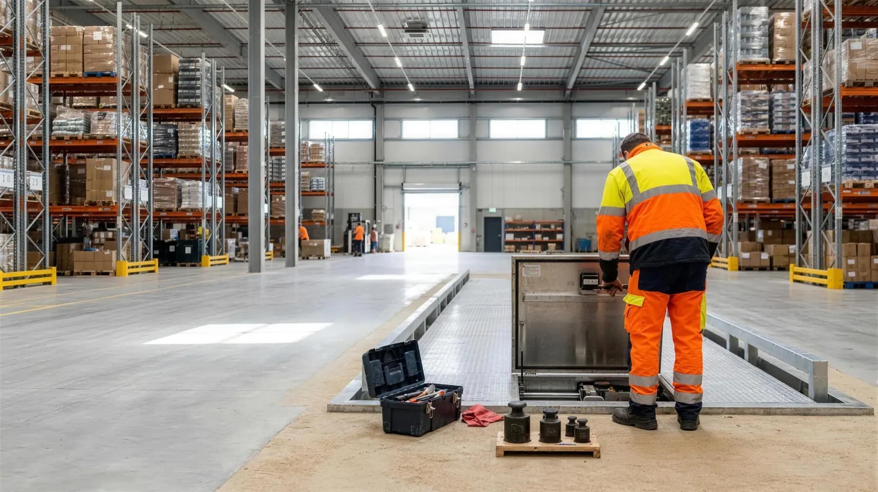 Technician in hi-vis calibrating a platform floor scale with certified test weights in a distribution warehouse