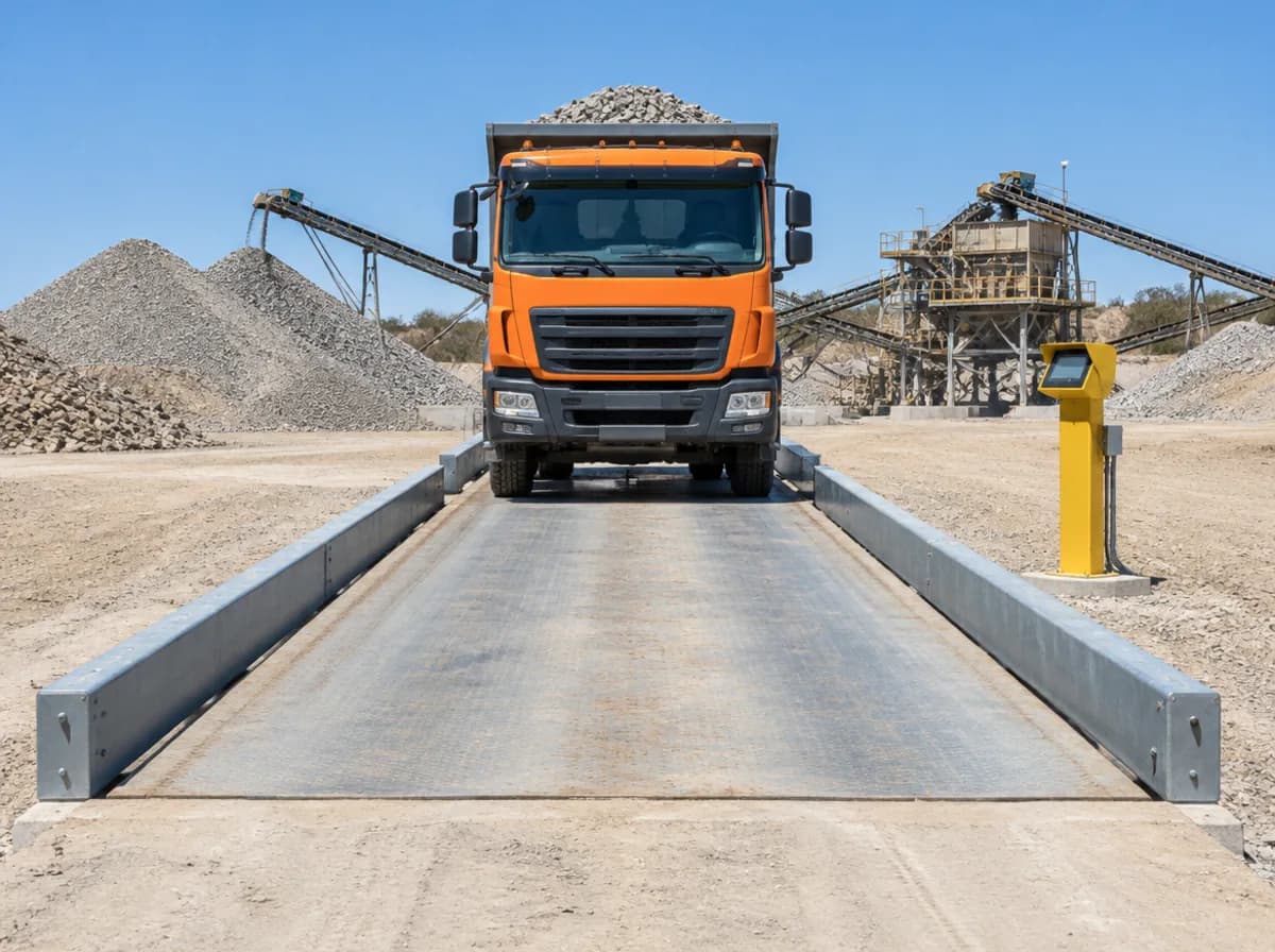 A loaded tipper truck parked straight on a quarry weighbridge between its side rails, the crusher behind