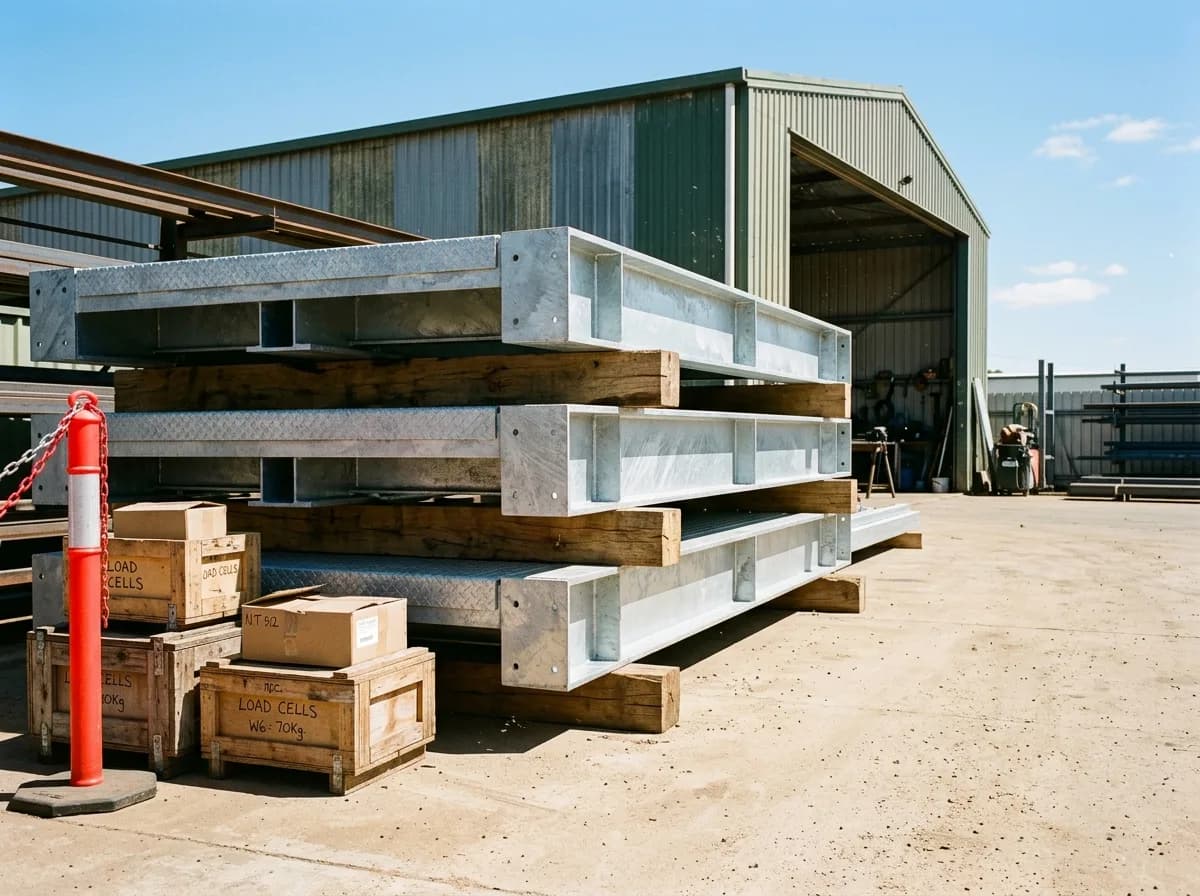 New galvanised weighbridge deck modules stacked in a fabrication yard ready for delivery